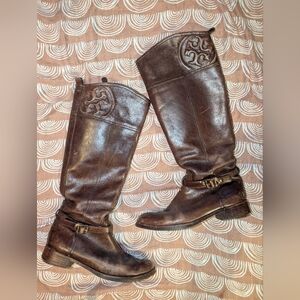 Tory Burch Women's Coconut Brown Leather MARLENE Riding Boot Sz 7.5 M Logo